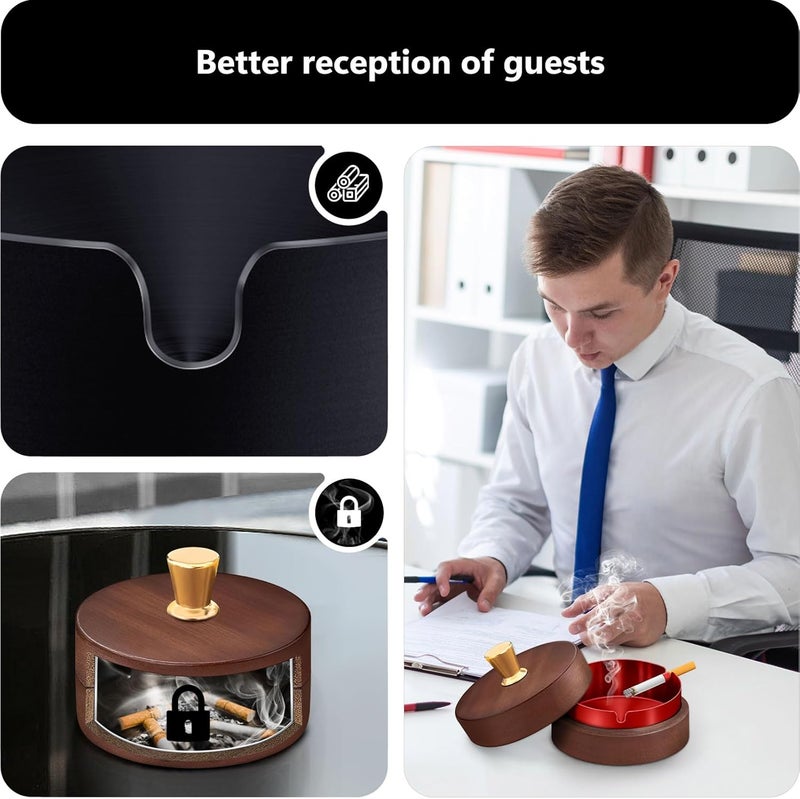 roygra Wooden Ash Tray with Lid (2 Pack), Outdoor Ashtray for Outside Patio, Smokeless Ashtrays for Cigarettes with 3 Holder, Smoking Accessories, Home Décor, Ashtrays for Smokers Indoor - Red - Image 4